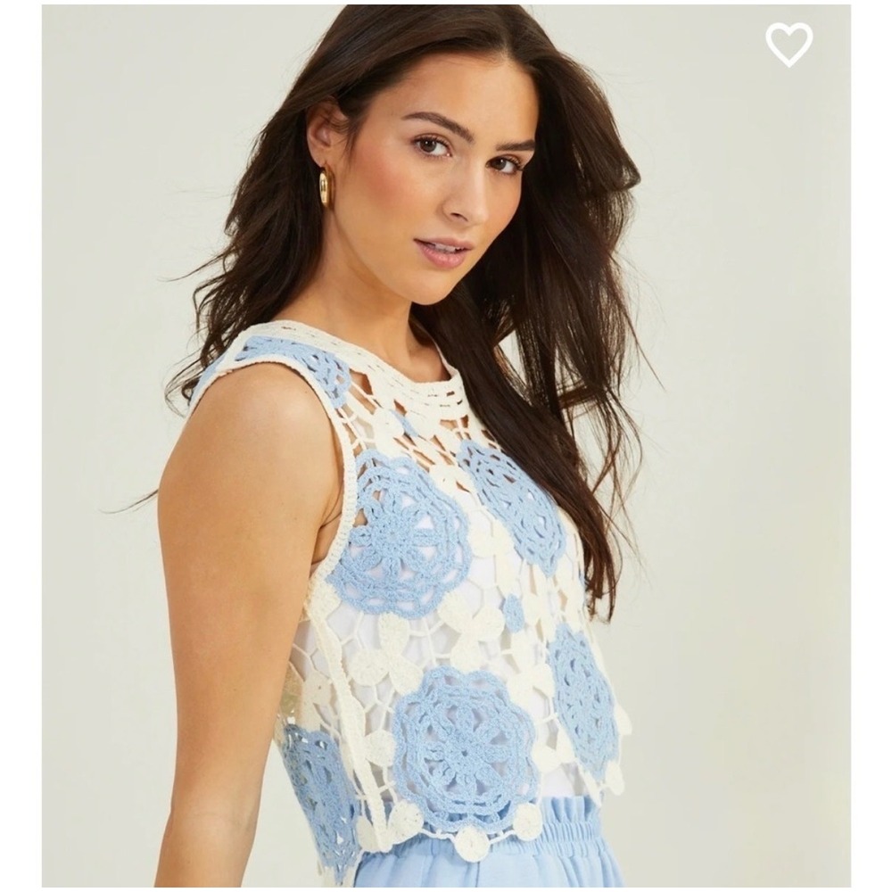 Altar'd State Cara Crochet Top Blue Cream Floral Sleeveless Boho Large
